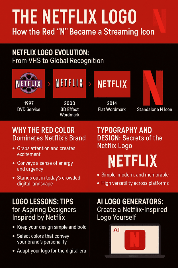 An infographic titled "The Netflix Logo: How the Red 'N' Became a Streaming Icon" featuring a timeline of the Netflix logo evolution, color psychology insights, typography and design tips, and advice for using AI tools to create logos inspired by Netflix.