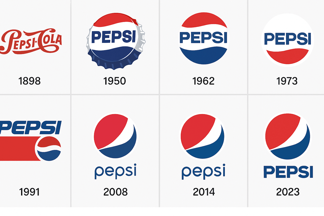 A digital collage showing the evolution of the Pepsi logo, from its original 1898 script design to the modern 2023 globe emblem, highlighting key changes in typography, color, and style over the decades.