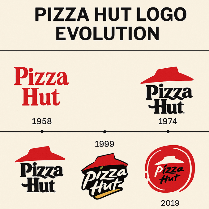 Timeline-style graphic showing the evolution of the Pizza Hut logo from 1958 to 2019, including key design milestones such as the original type-based logo, the introduction of the red roof in 1974, and the modern streamlined revival.