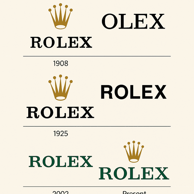 A collage showing the evolution of the Rolex logo from 1908 to present day, with four versions arranged chronologically. Each version includes the iconic crown and "ROLEX" text in varying typography and color schemes.