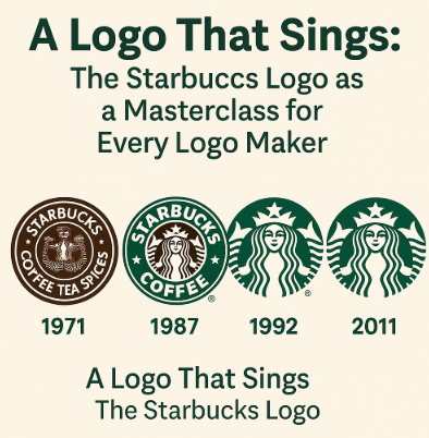 A two-dimensional infographic titled "A Logo That Sings: The Starbucks Logo as a Masterclass for Every Logo Maker," featuring key milestones in the Starbucks logo evolution, color psychology insights, siren symbolism, and tips for using AI logo generators.