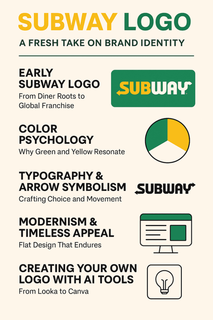 Infographic titled "Subway Logo Evolution: A Fresh Take on Brand Identity," highlighting design elements like early logos, color psychology, typography, modernism, and AI logo creation tools.