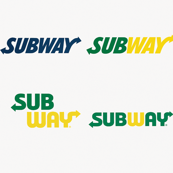 Collage of four Subway logo versions arranged in a 2x2 grid, showcasing the brand’s evolution through typography and color changes from vintage to modern.
