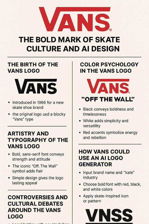 An infographic titled “Vans Logo: The Bold Mark of Skate Culture and AI Design” featuring key sections on the logo’s history, color psychology, typography, controversies, and AI-powered design inspiration.