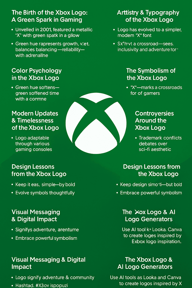 An infographic titled “Xbox Logo: The Iconic Symbol of Gaming Power” with a green background and white text, featuring sections on the logo’s history, color psychology, design lessons, and the impact of technology.