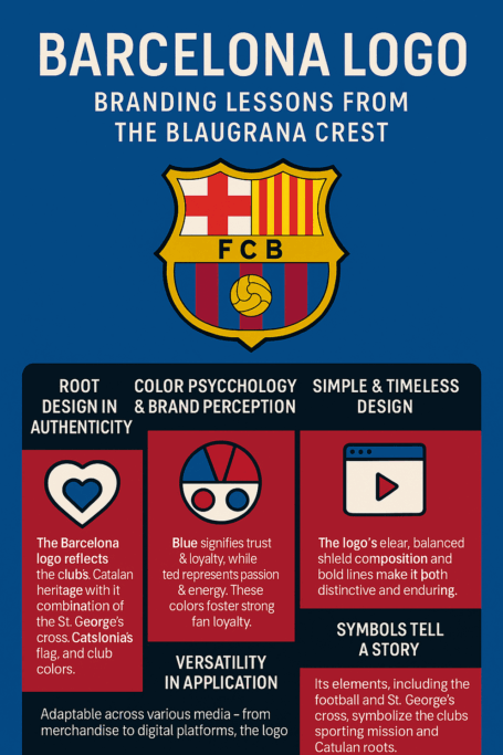 A flat-design infographic titled “Barcelona Logo: Branding Lessons from the Blaugrana Crest,” featuring five branding takeaways inspired by the Barcelona logo, illustrated with bold icons, club colors, and explanatory captions.