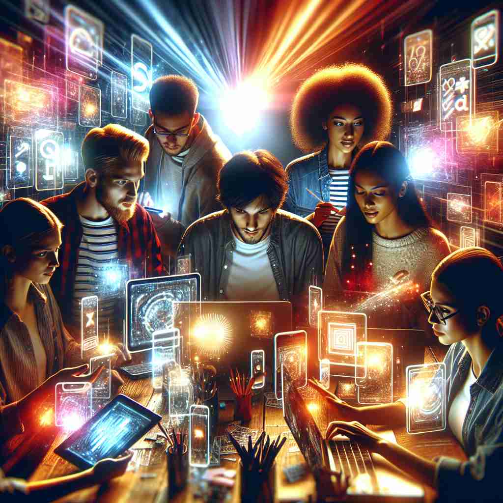 Designers create a logo that looks perfect on smartphones, tablets, and laptops in a modern studio.