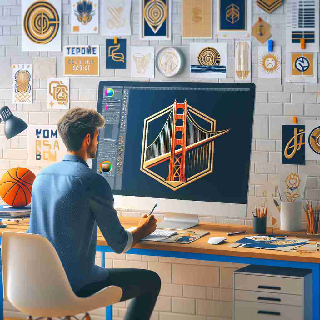 Digital artist designing the Golden State Warriors bridge logo in a creative studio environment.