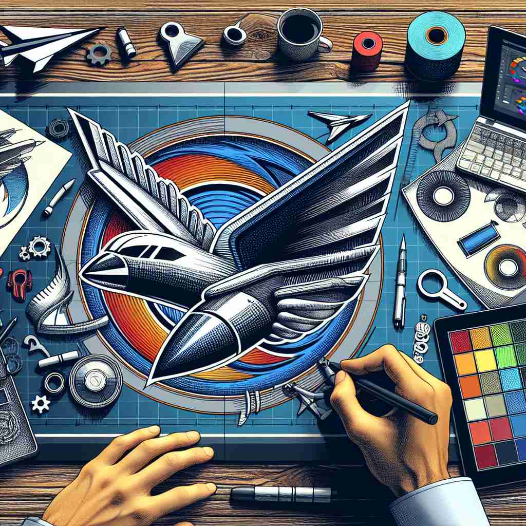 Designer sketching Winnipeg Jets logo with digital tools and hockey memorabilia in a creative workspace.