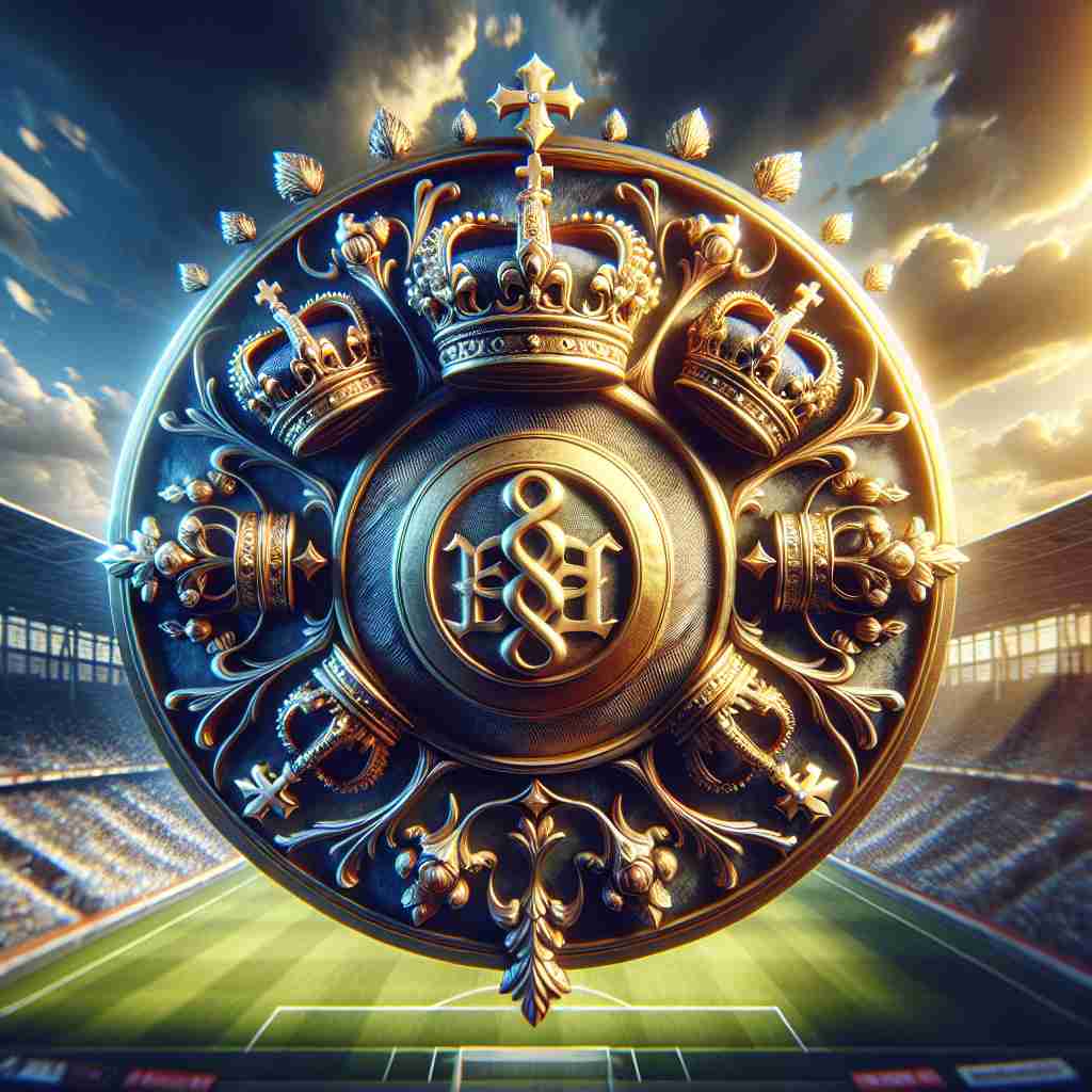 Photorealistic Real Madrid logo in front of Santiago Bernabéu stadium, showing golden crown, blue and white details, in a regal football setting.