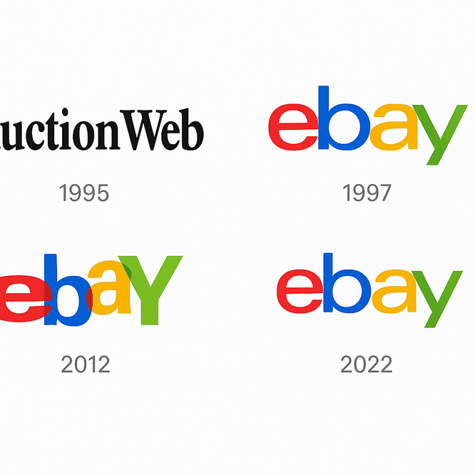Collage showing the evolution of the eBay logo from 1995 to 2022, featuring the original “AuctionWeb” design and three colorful eBay logos from 1997, 2012, and 2022.
