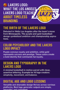 A flat design infographic titled “Lessons from the Los Angeles Lakers Logo” showing key facts, color symbolism, design tips, and branding insights related to the Lakers logo, using bold purple and gold colors with clean iconography.