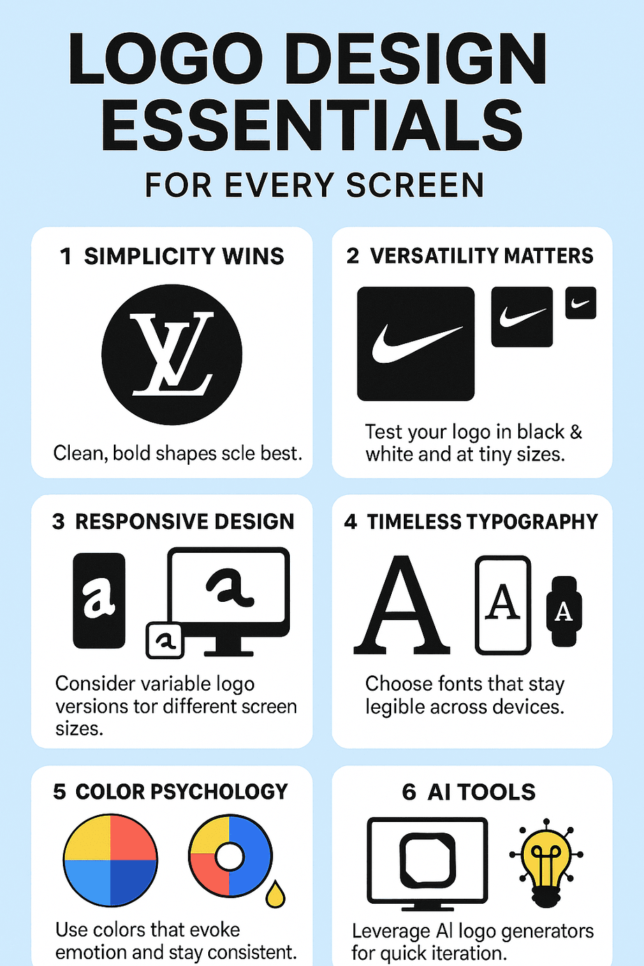 A flat-design infographic illustrating essential principles of logo design, including scalability, simplicity, color psychology, and digital adaptability, with visual examples of logos on various screens.