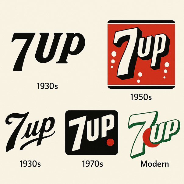 A collage illustrating the 7 Up logo evolution from the 1930s to the modern era, showing five distinct logo designs in chronological order with various typography styles and the signature red dot.