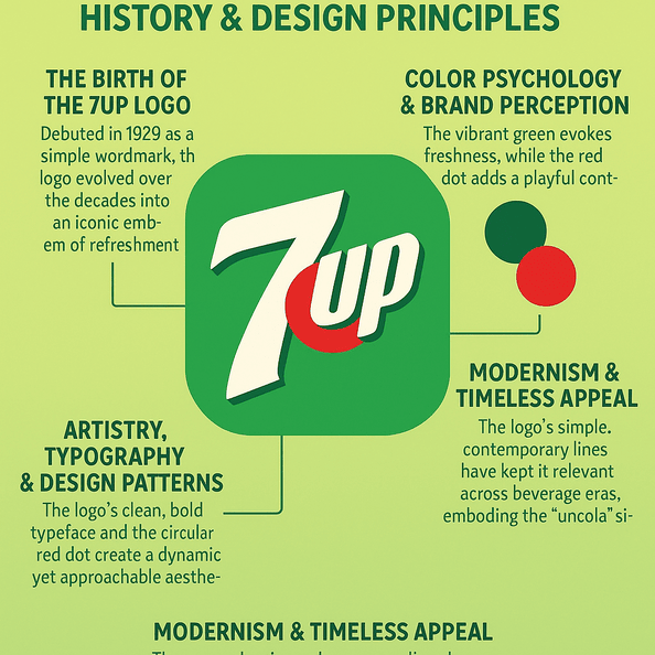 A digital infographic showcasing the evolution and design philosophy of the 7 Up logo, highlighting its green color palette, red dot symbolism, and brand milestones from 1929 to 2025.