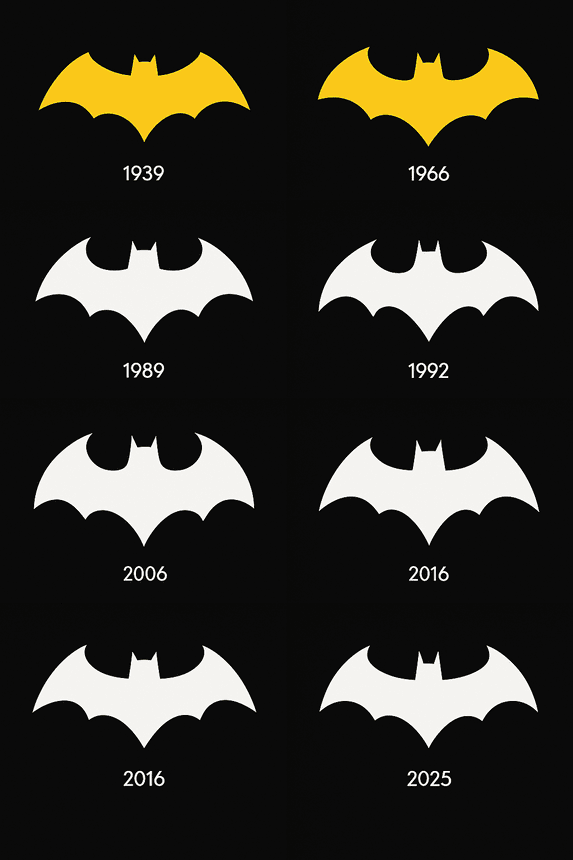 A digital collage showcasing the evolution of the Batman logo from 1939 to 2025, featuring eight distinct designs. Each bat symbol reflects a unique artistic and cultural era, from the original comic book sketch to sleek, modern cinematic interpretations.