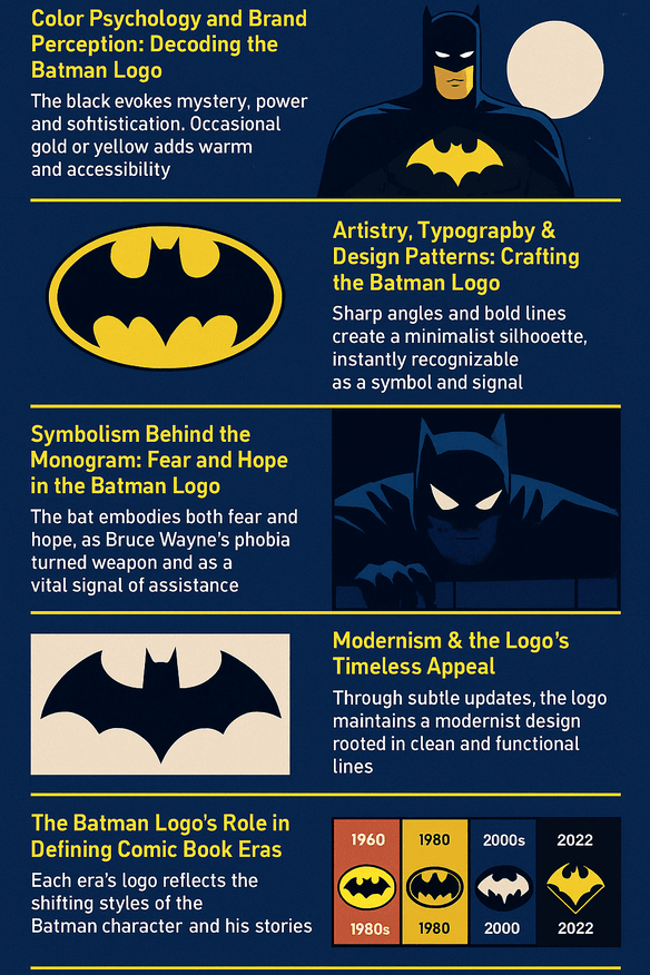 A vertical infographic illustrating the history and evolution of the Batman logo, featuring a timeline of design changes, color analysis, symbolic meanings, and design lessons for aspiring logo creators.
