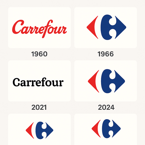 A visual collage showing the evolution of the Carrefour logo from 1960 to 2024, featuring six logos arranged in a grid. The sequence transitions from a red cursive wordmark (1960), to the iconic red-and-blue arrow logo with a hidden “C” (1966), followed by modernized refinements in 2021 and 2024 with adjusted shapes, colors, and typography.