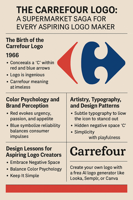 An infographic titled “The Carrefour Logo: A Supermarket Saga for Every Aspiring Logo Maker,” featuring the Carrefour logo and highlighting its 1966 origin, red and blue color psychology, use of negative space to hide a “C,” and practical design lessons for logo creators.