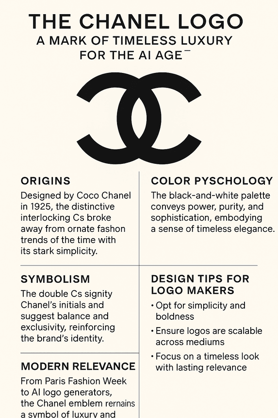 An infographic titled “The Chanel Logo: A Mark of Timeless Luxury for the AI Age,” featuring the interlocking double-C Chanel logo, with text blocks explaining its history, color psychology, symbolism, design lessons, and modern relevance in branding and AI design.