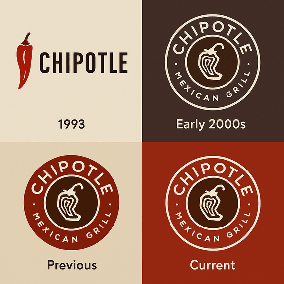 A digital collage showing the evolution of the Chipotle logo across four eras: the original 1993 version with a red pepper and black sans-serif font; the early 2000s circular badge with a white pepper icon and brown background; the “Previous” version with a deeper red badge and a stylized pepper icon; and the “Current” version with refined typography and a brighter red background.