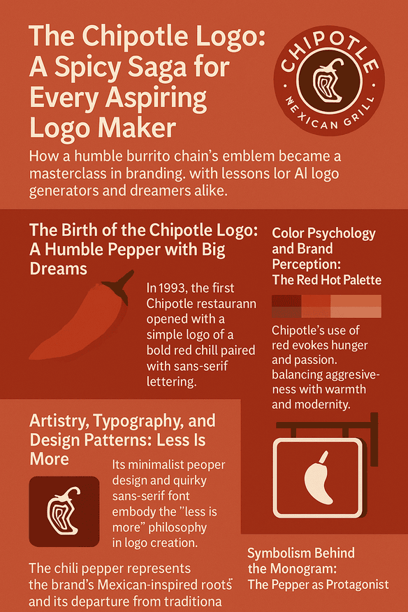 An infographic titled "The Chipotle Logo: A Spicy Saga for Every Aspiring Logo Maker" visually charts the evolution of Chipotle’s logo, design elements, color psychology, and branding lessons. A stylized chili pepper is at the center, surrounded by icons and callouts explaining the logo’s history, symbolism, typography, and digital impact.