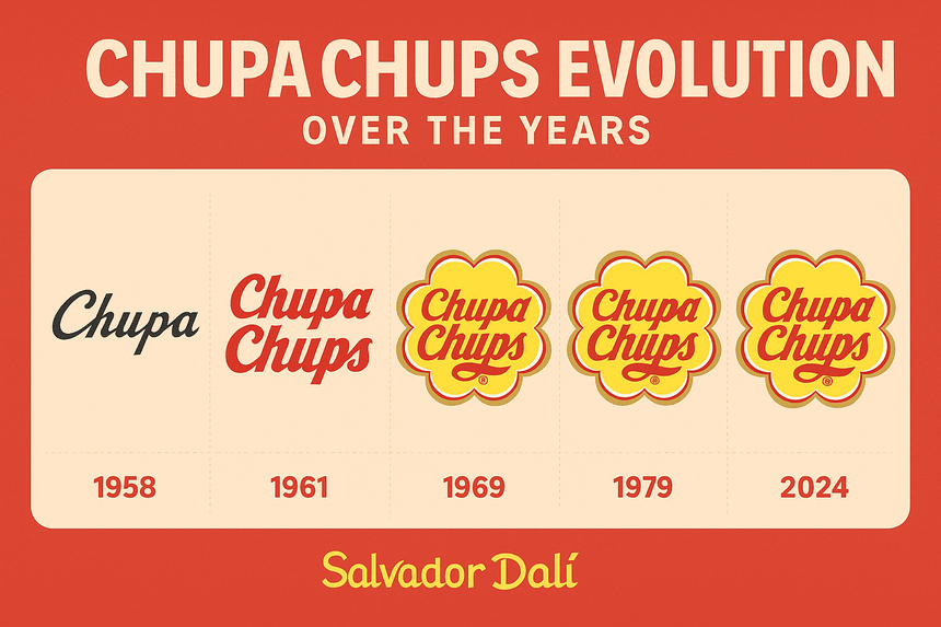Infographic titled 'Chupa Chups Logo Evolution Over the Years' showing the transformation of the logo from 1958 to the present, including the original wordmark, Salvador Dalí’s 1969 daisy design, the 1988 refinement, and the current modernized version.