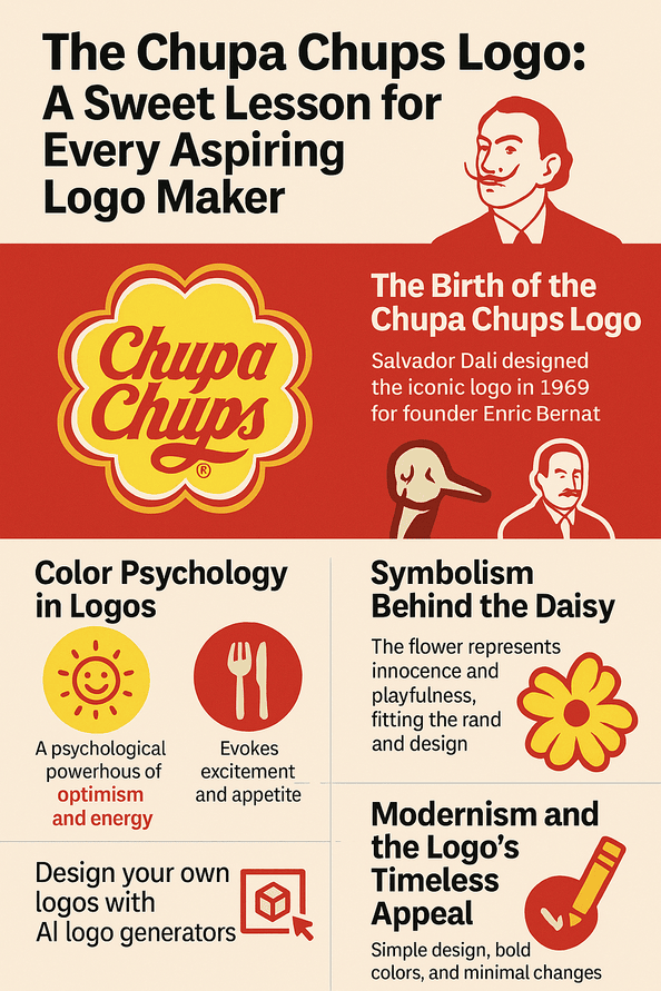 Infographic titled 'The Chupa Chups Logo: A Sweet Lesson' featuring a yellow daisy-shaped logo with red typography, design history, color psychology, symbolism, and branding tips arranged in colorful, candy-themed sections.