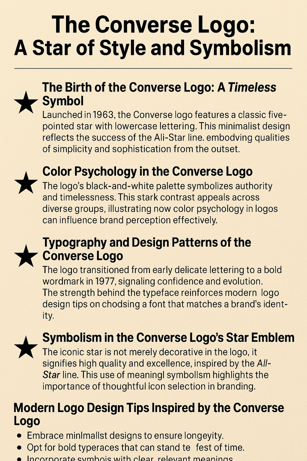 An infographic titled 'The Converse Logo: A Star of Style and Symbolism' in beige and black, outlining the history, color psychology, design tips, and symbolism behind the Converse logo with bullet points and star icons.