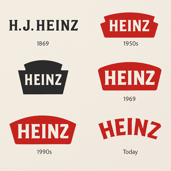 A digital collage showing the evolution of the Heinz logo from 1869 to today, featuring five keystone-shaped designs and typography changes over time.