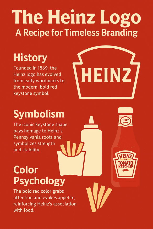 A digital infographic visually tracing the history, design evolution, and branding impact of the Heinz logo, featuring its keystone shape, bold red color, and typography alongside tips for modern logo creation using AI tools.