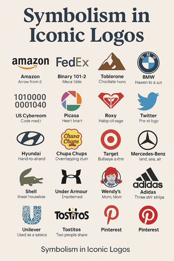 Infographic titled 'Symbolism in Iconic Logos' presenting 20 famous logos such as Amazon, FedEx, Toblerone, and Tostitos, each with a hidden symbolic design feature.