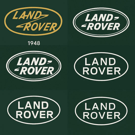 A digital collage showing the evolution of the Land Rover logo from 1948 to 2023, displayed in a 2x3 grid format. Each logo features variations of the green oval design, transitioning from bold, rugged typography to modern, minimalist lettering.