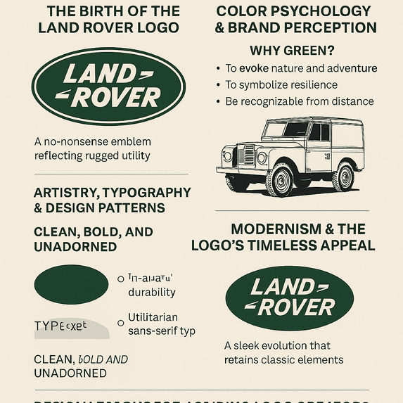 A digital infographic titled “THE LAND ROVER LOGO” showcasing the brand’s green oval logo at the center, surrounded by timeline-based annotations explaining its evolution, color symbolism, typography, and modern rebranding. Includes visual cues like rugged landscapes and a Defender silhouette to emphasize adventure and durability.