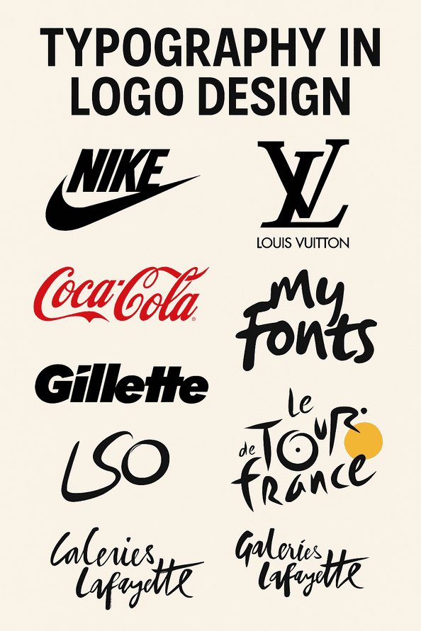 Infographic titled 'Typography in Logo Design' showcasing iconic logos like Nike, Coca-Cola, Gillette, and Louis Vuitton to highlight typographic creativity.