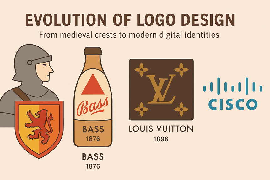 Infographic titled 'Evolution of Logo Design' showing a knight’s medieval crest, a Bass beer bottle with the 1876 red triangle trademark, the Louis Vuitton monogram, and Cisco’s blue-striped digital logo, illustrating the historical transition from heraldry to tech branding.