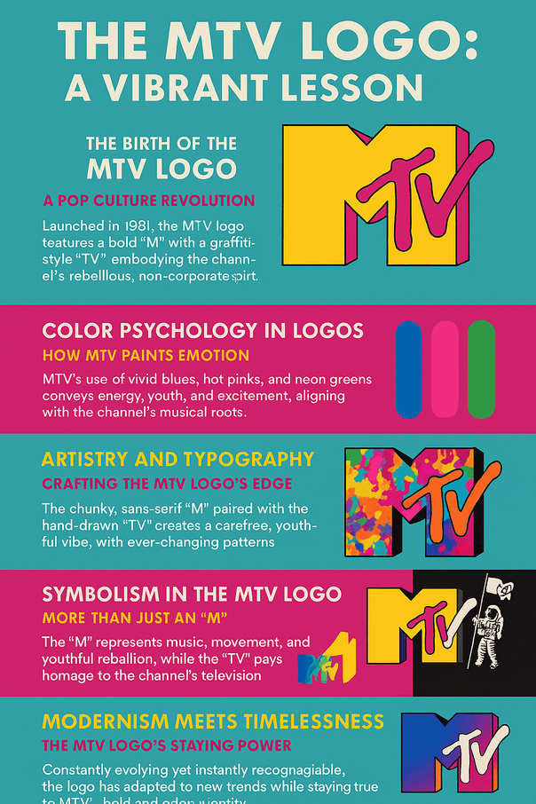 Infographic titled 'The MTV Logo: A Vibrant Lesson' featuring sections on the logo’s origin, color psychology, typography, symbolism, and lasting design appeal, using colorful visuals and bold text on a turquoise background.