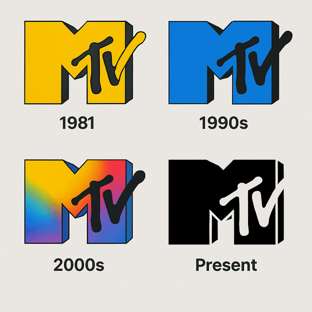 Collage of MTV logo evolution from 1981 to the present, displayed in a 2x2 grid. Each version reflects its era—from the colorful 1981 original to the sleek, minimalist modern logo.