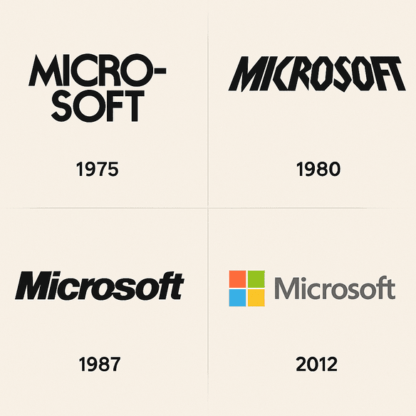 A digital graphic collage displaying the evolution of Microsoft’s logo from 1975 to 2012, showcasing five distinct design iterations including the original disco-style “Micro-Soft” logo, the 1980s bold text, the slashed “O” from 1987, and the colorful four-pane window introduced in 2012.