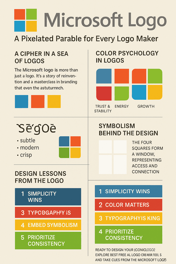 A digital infographic titled "The Microsoft Logo: A Pixelated Parable for Every Logo Maker" showcasing the history, design evolution, symbolism, color psychology, and branding lessons behind the Microsoft logo, featuring its various logo iterations and key design takeaways for aspiring logo creators.