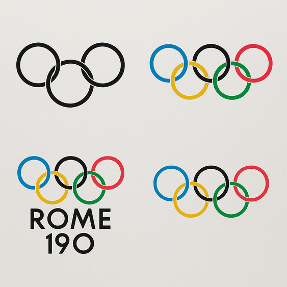 A digital collage showing four iterations of the Olympics logo over the years, each featuring variations of the five interlocking rings design with different visual treatments reflecting historical and stylistic changes.