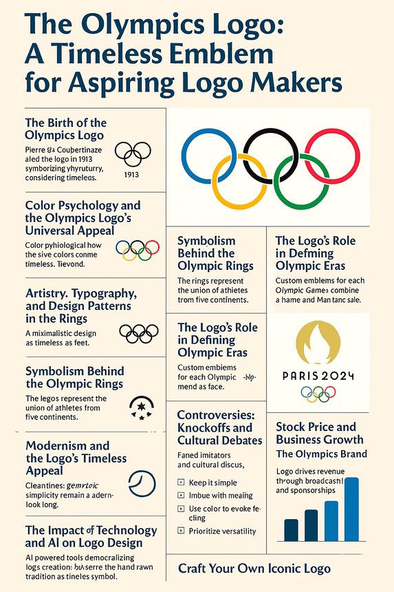 An infographic titled "The Olympics Logo: A Timeless Emblem for Aspiring Logo Makers" featuring the five interlocking rings, key design facts, historical insights, and logo creation tips for modern designers.