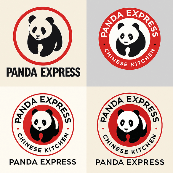 A digital graphic displays the evolution of the Panda Express logo in a 2x2 grid, featuring four variations of the brand’s iconic panda inside a red circular badge, showing refinements in typography, color balance, and panda illustration over the decades.