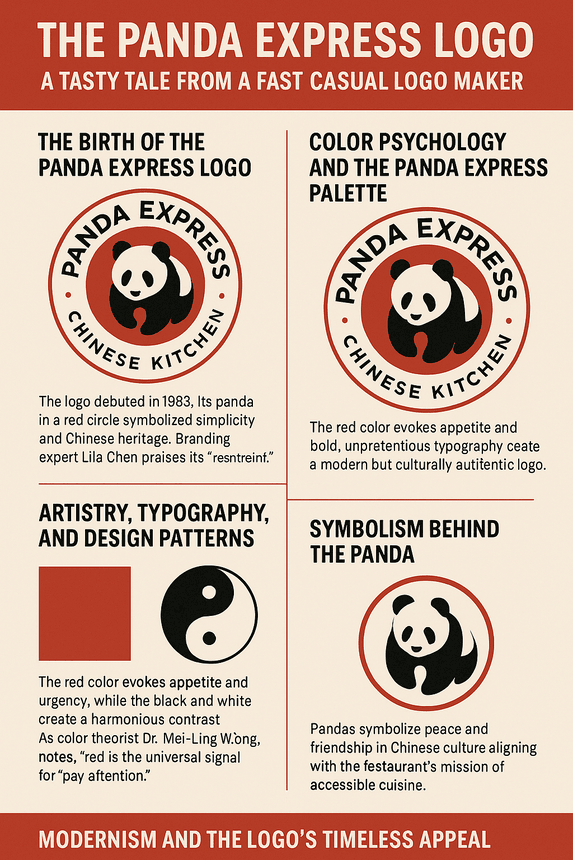 A vibrant infographic showcasing the design history of the Panda Express logo, featuring a stylized panda in a red circle, with key insights about its color palette, cultural symbolism, and minimalist evolution from 1983 to 2025.