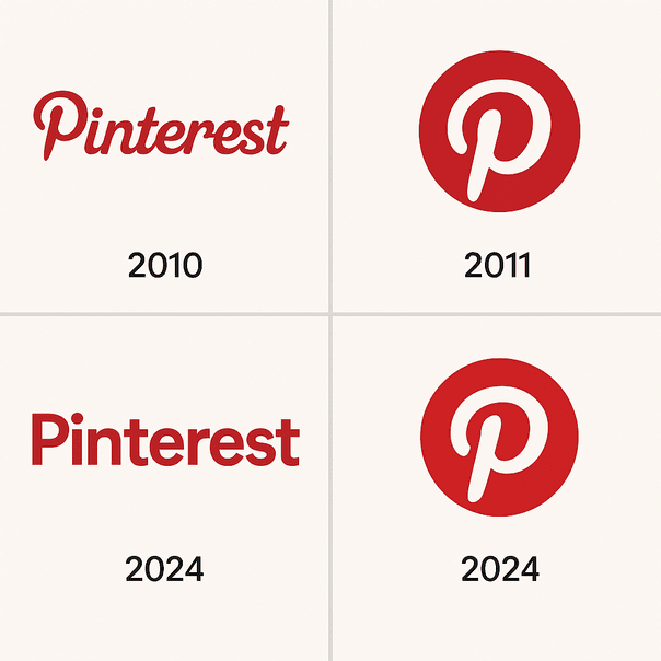 A four-panel visual collage showcasing the evolution of the Pinterest logo from 2010 to 2024, featuring the original script logo, the iconic 2011 red “P” monogram, and two modern 2024 updates with refined typeface and monogram.