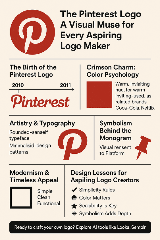 Infographic titled "The Pinterest Logo: A Visual Muse for Every Aspiring Logo Maker," showcasing the evolution, color psychology, design features, and branding lessons behind Pinterest’s iconic red “P” monogram.