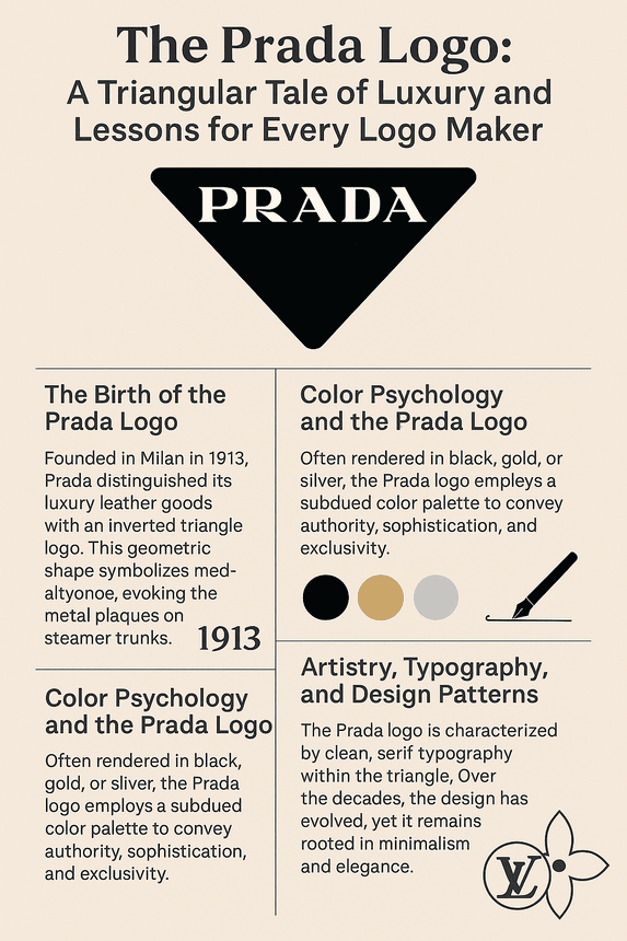 An infographic titled "The Prada Logo: A Triangular Tale of Luxury and Lessons for Every Logo Maker," featuring the evolution of the iconic inverted triangle logo, annotated with design insights, color psychology notes, and key historical milestones from 1913 to 2025.