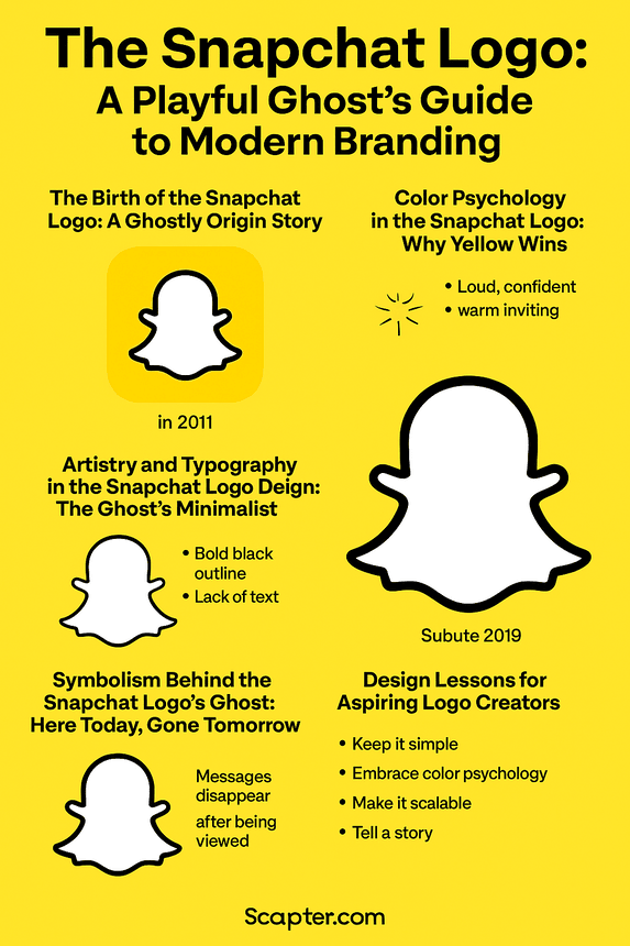 An infographic titled "The Snapchat Logo: A Playful Ghost’s Guide to Modern Branding" featuring the evolution of the Snapchat ghost icon, its color palette, design principles, symbolism, brand milestones, and modern design tips for logo creators.