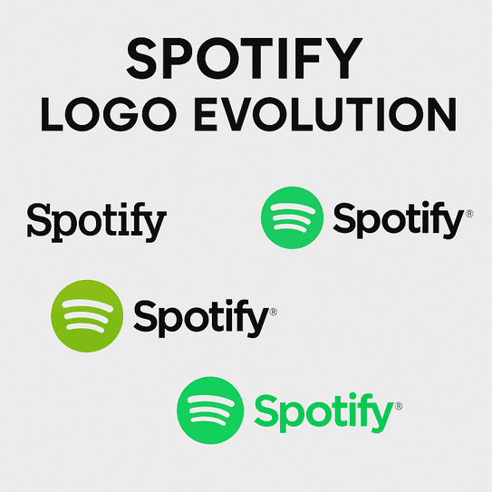 A digital collage showing the evolution of the Spotify logo from its early wordmark in 2006 to the modern green circle with three curved soundwaves used in 2025.