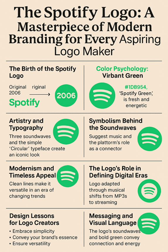 An infographic titled "The Spotify Logo: A Masterpiece of Modern Branding" featuring a vibrant green color scheme, the Spotify logo evolution, typography highlights, color psychology insights, symbolic soundwave breakdown, and modern logo design tips for aspiring creators.